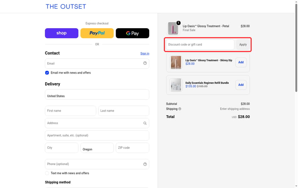 The Outset checkout page showing the Discount code or gift card field and Apply button
