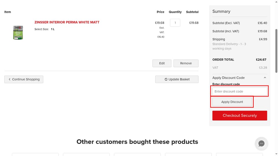 The Paint Shed checkout page showing the Enter discount code field and Apply Discount button