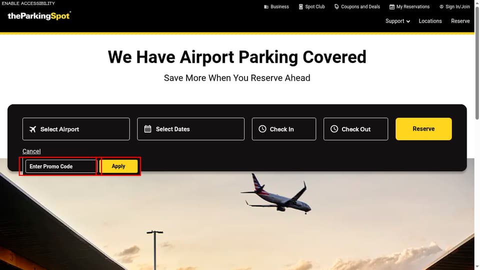 The Parking Spot checkout page showing the Enter Promo Code field and Apply button
