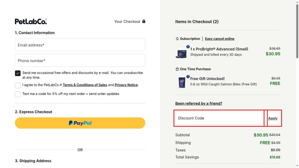 PetLab Co. checkout page showing the Discount Code field and Apply button