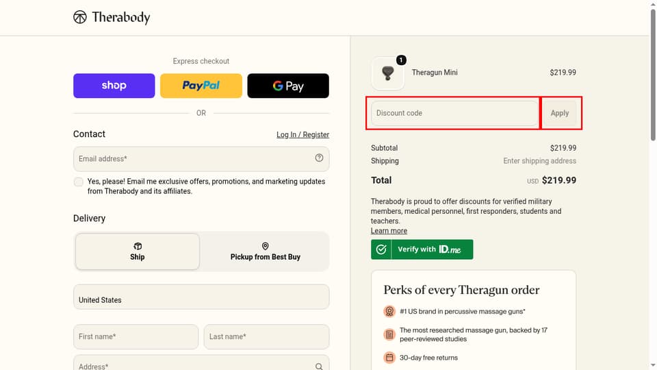 Therabody checkout page showing the Discount code field and Apply button