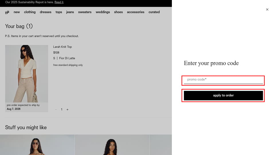 Reformation checkout page showing the promo code* field and apply to order button