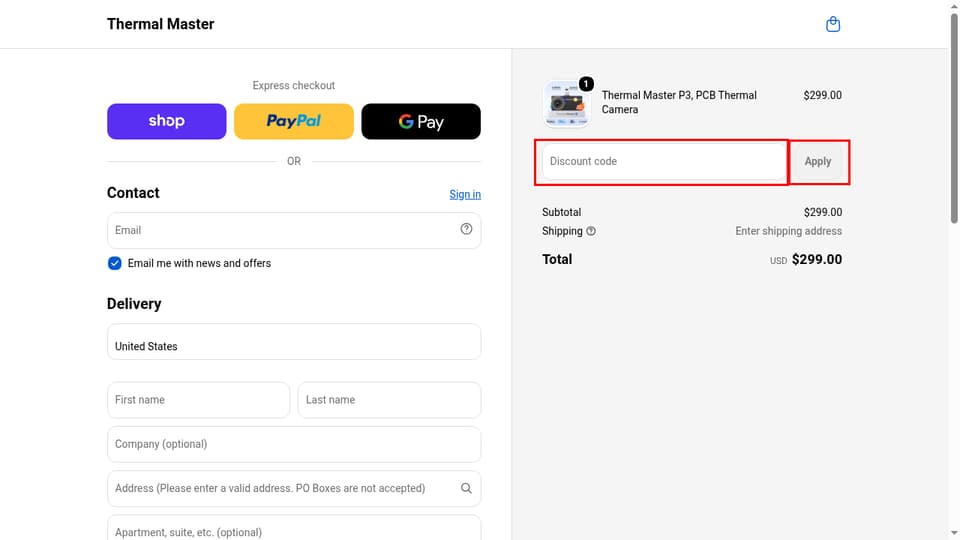 Thermal Master checkout page showing the Discount code field and Apply button