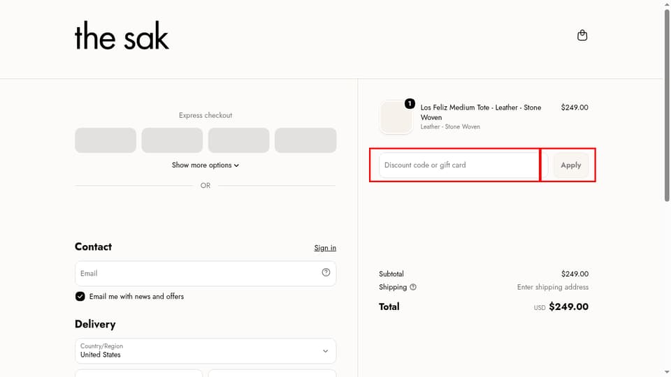 The Sak checkout page showing the Discount code or gift card field and Apply button