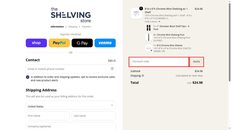 The Shelving Store checkout page showing the Discount code field and Apply button