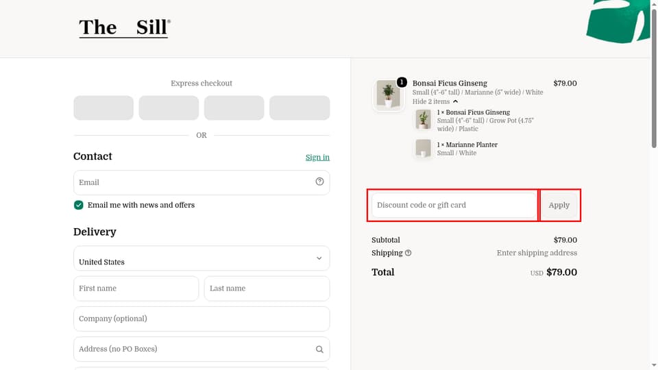 The Sill checkout page showing the Discount code or gift card field and Apply button