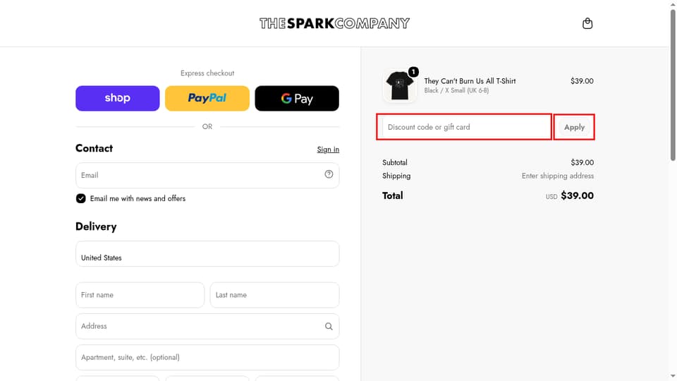 The Spark Company checkout page showing the Discount code or gift card field and Apply button