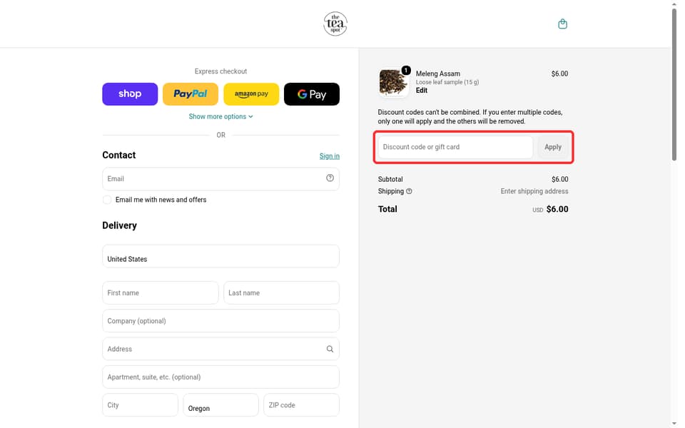 The Tea Spot checkout page showing the Discount code or gift card field and Apply button