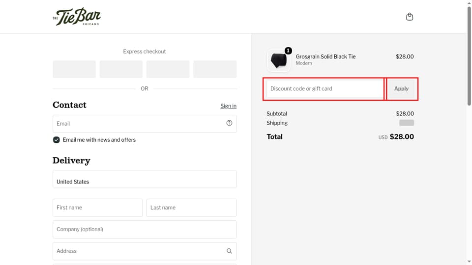 The Tie Bar checkout page showing the Discount code or gift card field and Apply button