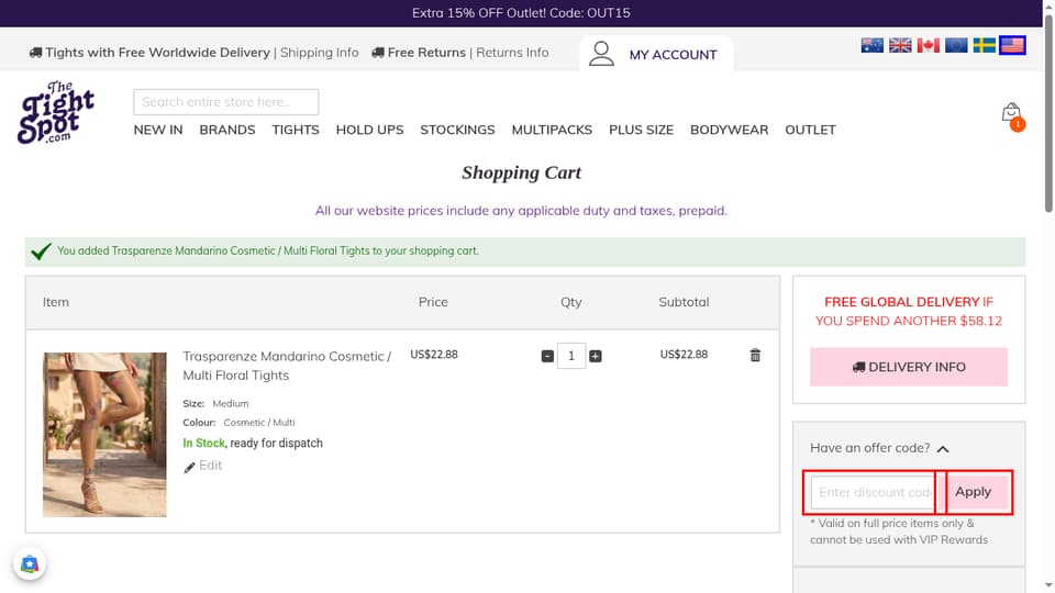 The Tight Spot checkout page showing the Enter discount code field and Apply button