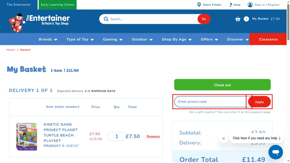 The Entertainer checkout page showing the Enter promo code field and Apply button