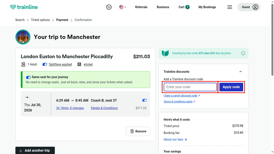 Trainline checkout page showing the Enter your code field and Apply code button