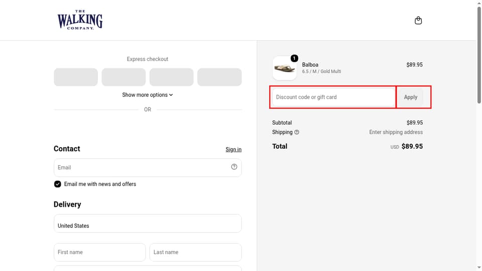 The Walking Company checkout page showing the Discount code or gift card field and Apply button