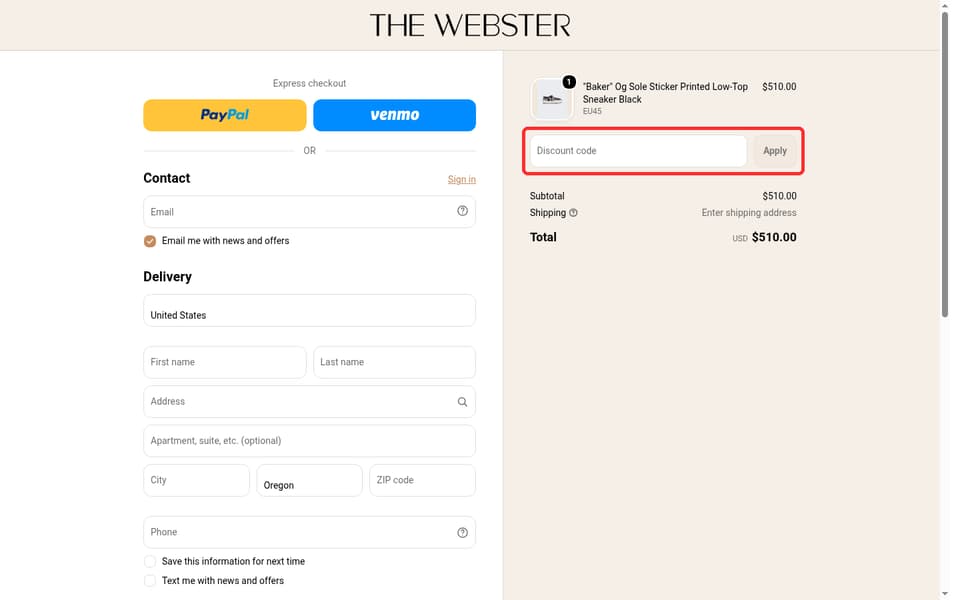 The Webster checkout page showing the Discount code field and Apply button