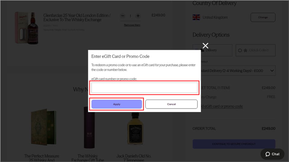 The Whisky Exchange checkout page showing the eGift card number or promo code: field and Apply button