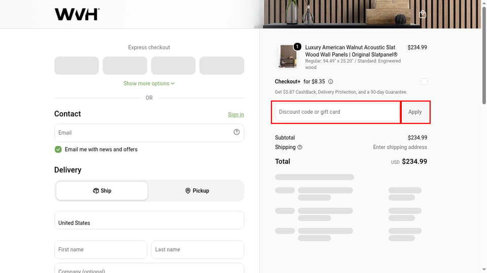 The Wood Veneer Hub checkout page showing the Discount code or gift card field and Apply button