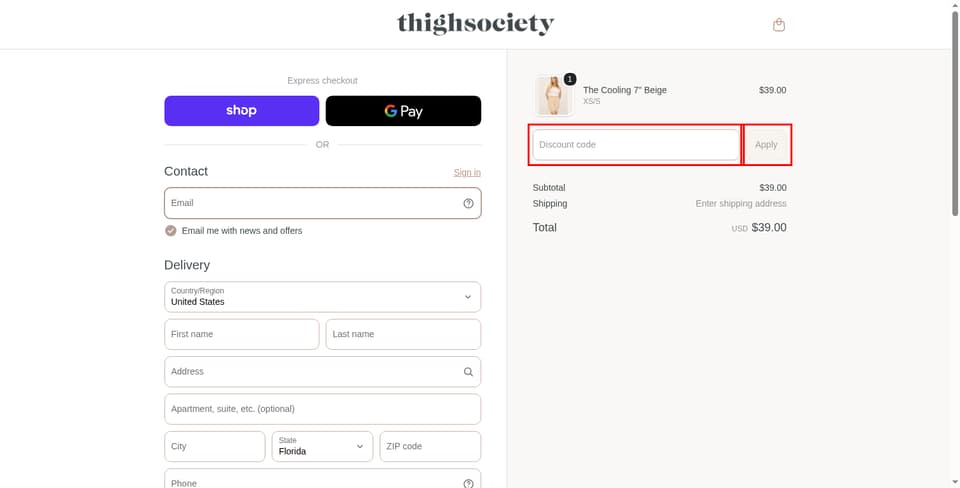 Thigh Society checkout page showing the Discount code field and Apply button