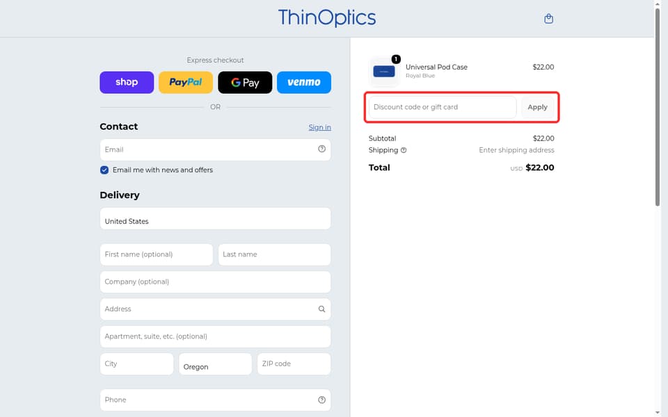 ThinOptics checkout page showing the Discount code or gift card field and Apply button