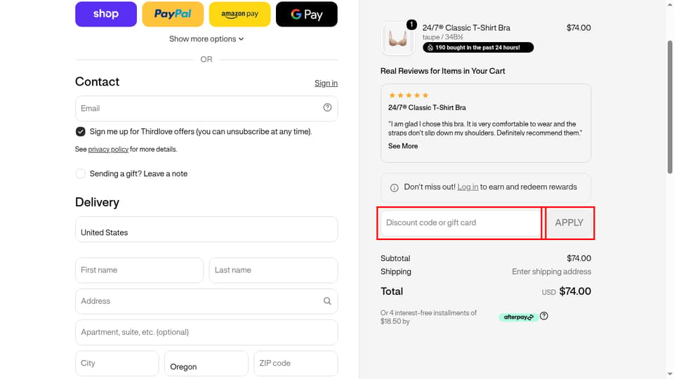 ThirdLove checkout page showing the Discount code or gift card field and Apply button