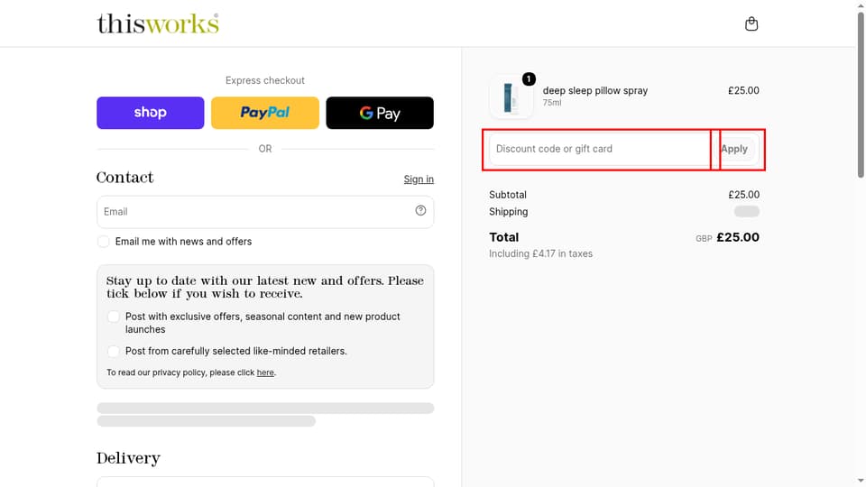 This Works checkout page showing the Discount code or gift card field and Apply button