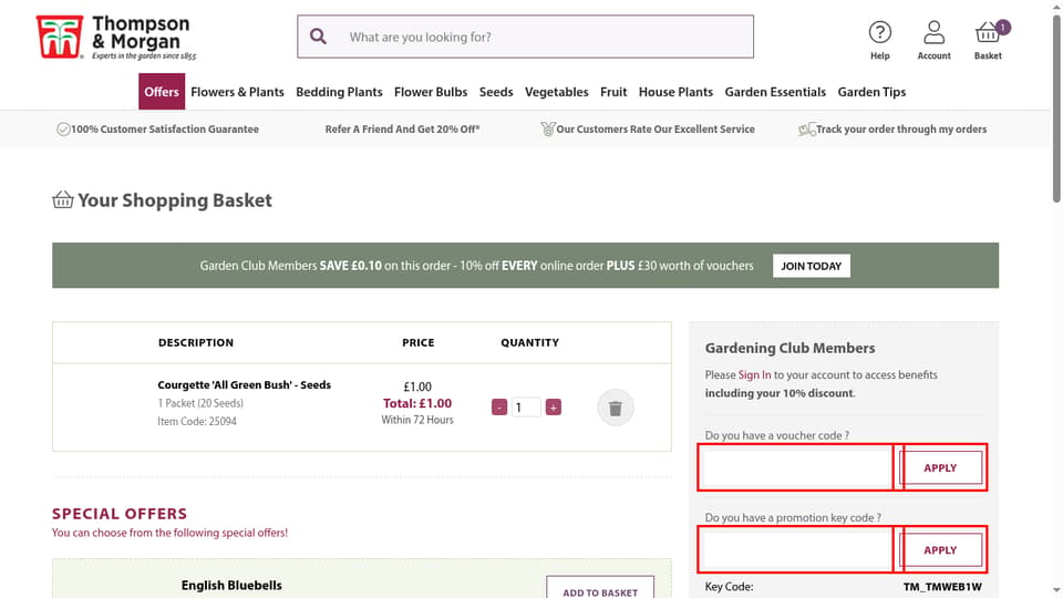 Thompson & Morgan checkout page showing the Do you have a voucher code ? field and APPLY button