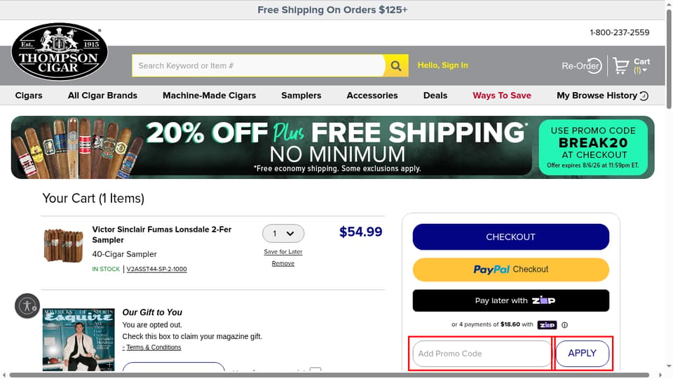 Thompson Cigar checkout page showing the Add Promo Code field and Apply button