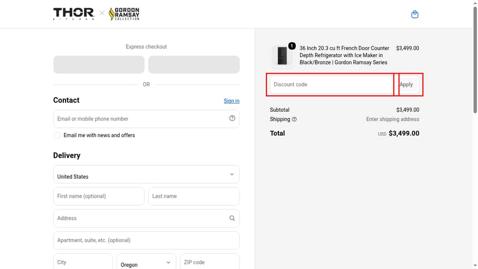 THOR Kitchen checkout page showing the Discount code field and Apply button