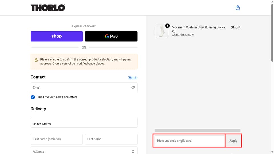 Thorlo checkout page showing the Discount code or gift card field and Apply button