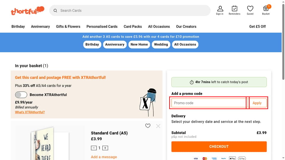 thortful checkout page showing the Promo code field and Apply button