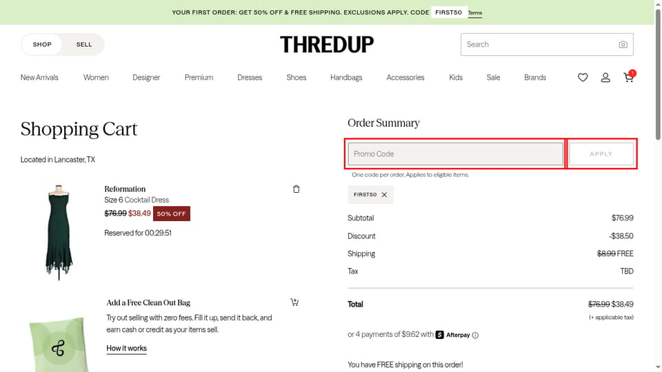 ThredUp checkout page showing the Promo Code field and APPLY button