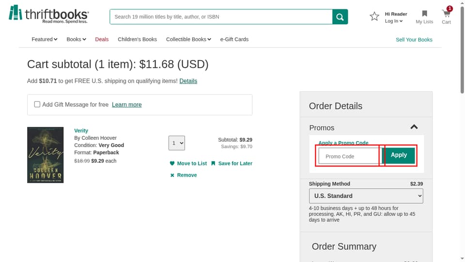 ThriftBooks checkout page showing the Promo Code field and Apply button