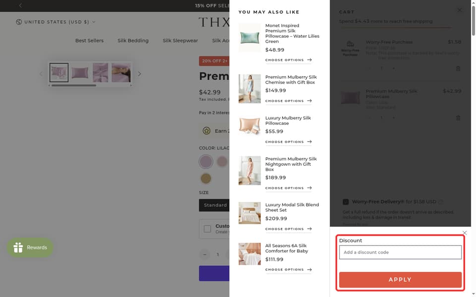 THXSILK checkout page showing the Add a discount code field and Apply button