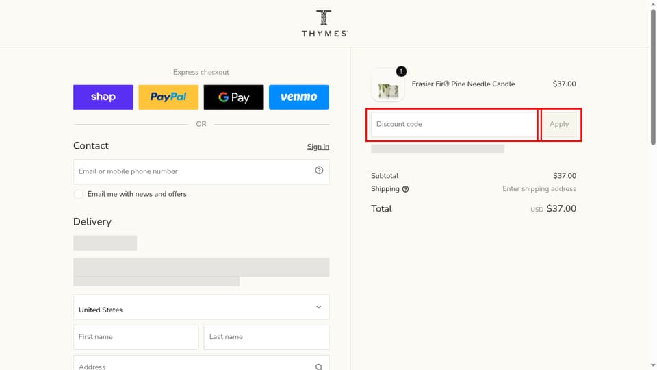 Thymes checkout page showing the Discount code field and Apply button