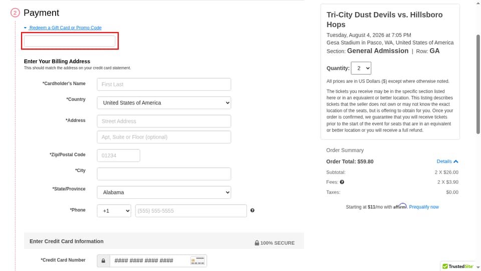 TicketNetwork checkout page showing the Gift Card or Promo Code field and Apply button