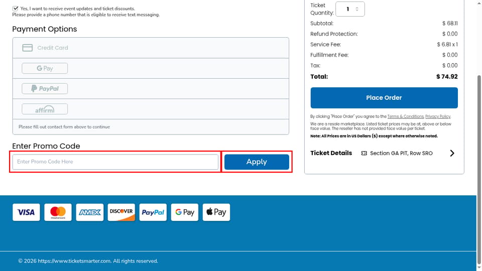 TicketSmarter checkout page showing the Enter Promo Code Here field and Apply button