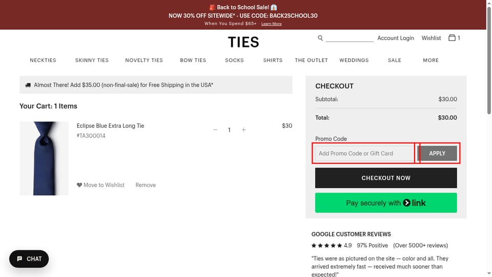 Ties.com checkout page showing the Add Promo Code or Gift Card field and Apply button