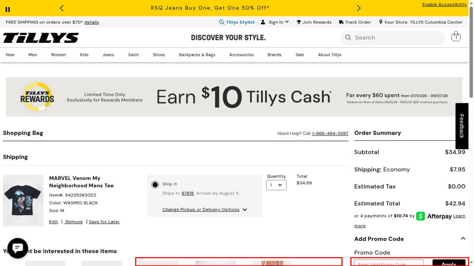 Tillys checkout page showing the Enter Valid Promo Code field and Apply button