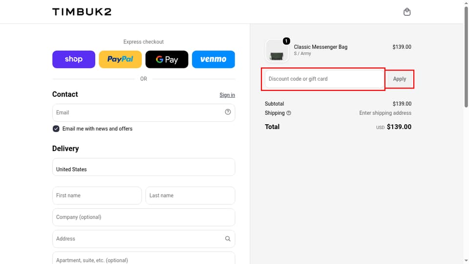 Timbuk2 checkout page showing the Discount code or gift card field and Apply button