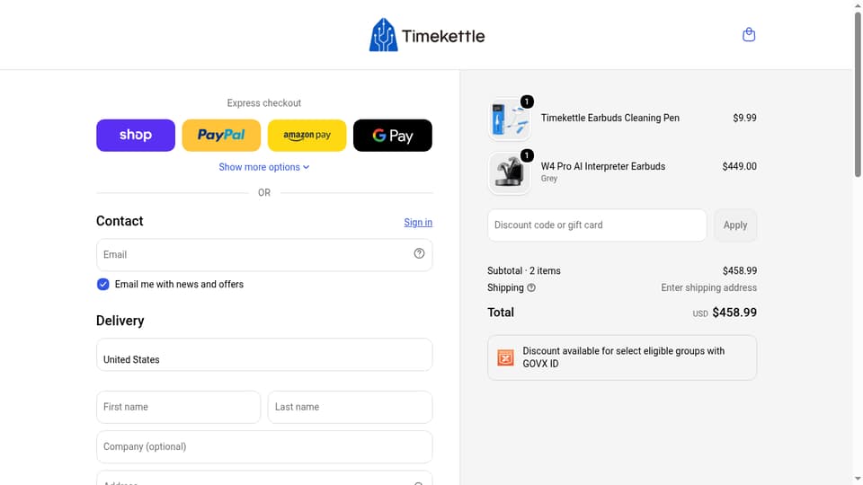 Timekettle checkout page showing the Discount code or gift card field and Apply button