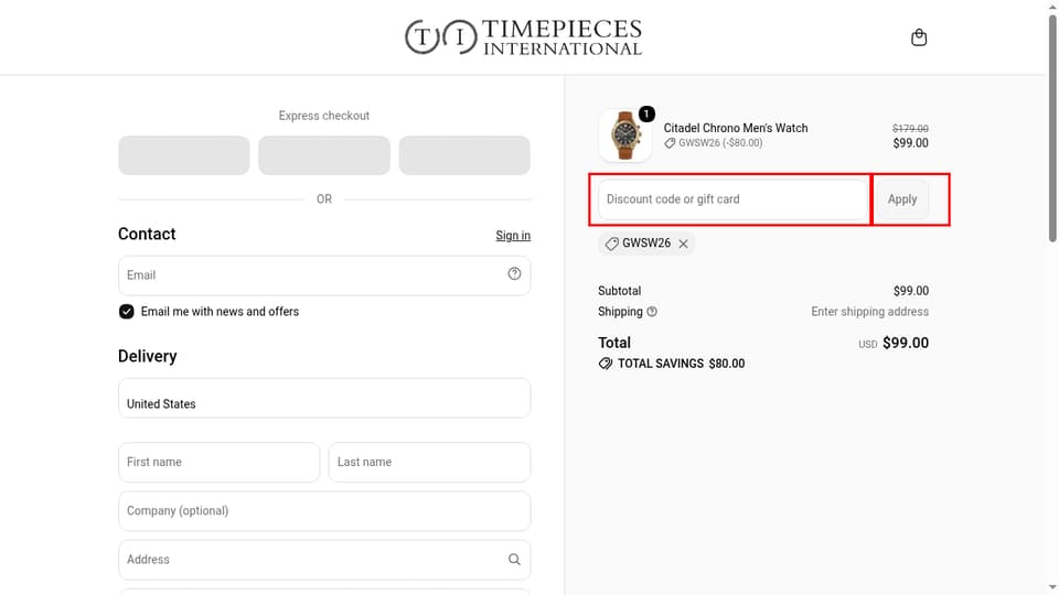 Timepieces checkout page showing the Discount code or gift card field and Apply button