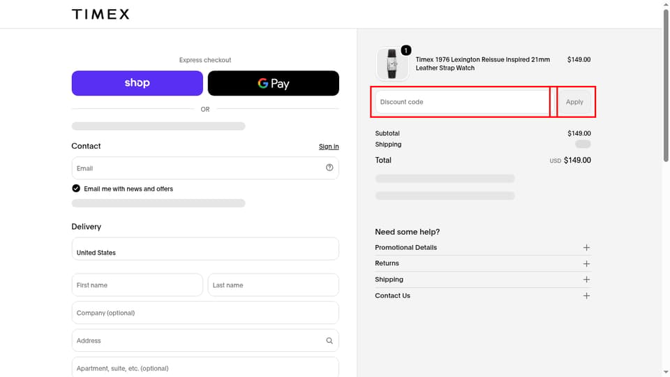 Timex checkout page showing the Discount code field and Apply button