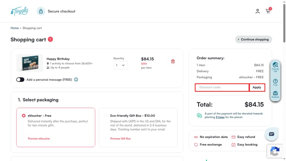Tinggly checkout page showing the Discount code field and Apply button