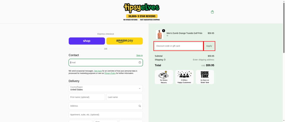 Tipsy Elves checkout page showing the Discount code or gift card field and Apply button