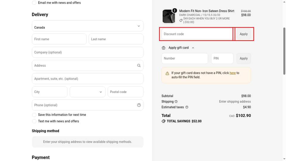 Tip Top Tailors checkout page showing the Discount code field and Apply button