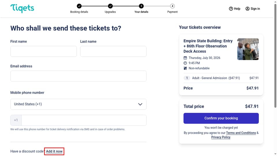 Tiqets checkout page showing the Have a discount code? field and Add it now button