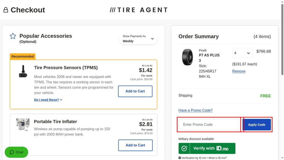 Tire Agent checkout page showing the Enter Promo Code field and Apply Code button