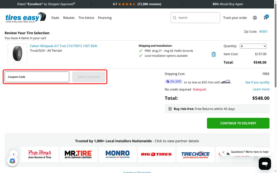Tires Easy checkout page showing the Coupon Code field and APPLY COUPON button