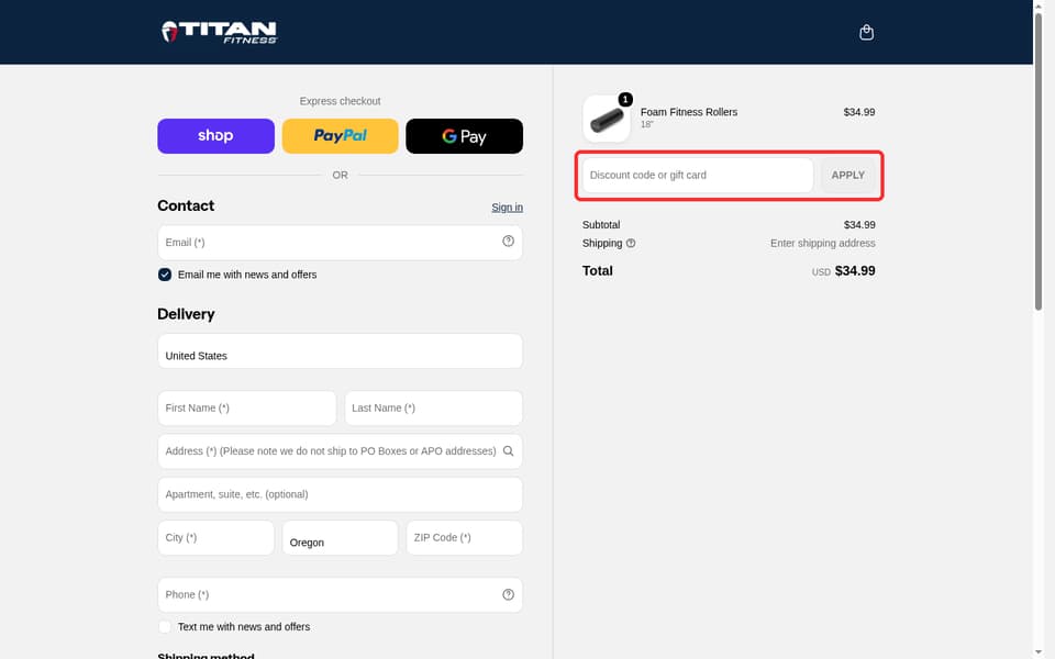 Titan Fitness checkout page showing the Discount code or gift card field and APPLY button