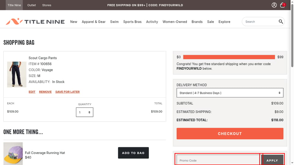 Title Nine checkout page showing the Promo Code field and Apply button