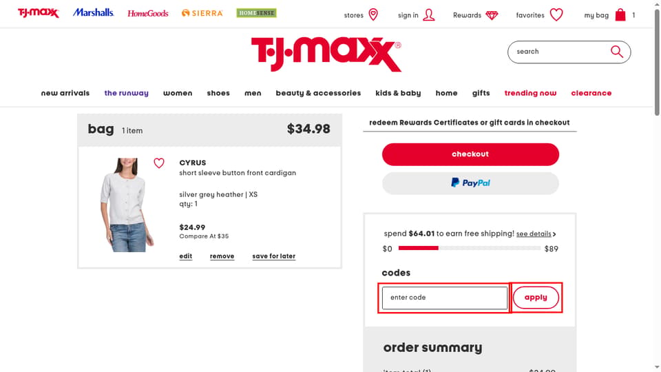 T.J. Maxx checkout page showing the enter code field and apply button